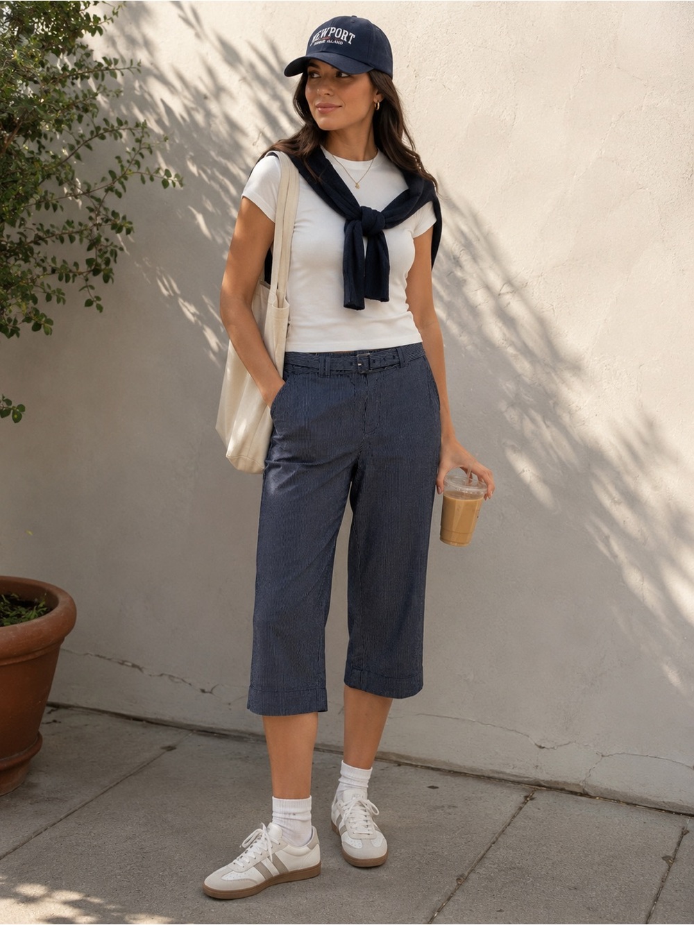 Casual Navy Cropped Striped Trousers By Jacob Size 4 NWOT